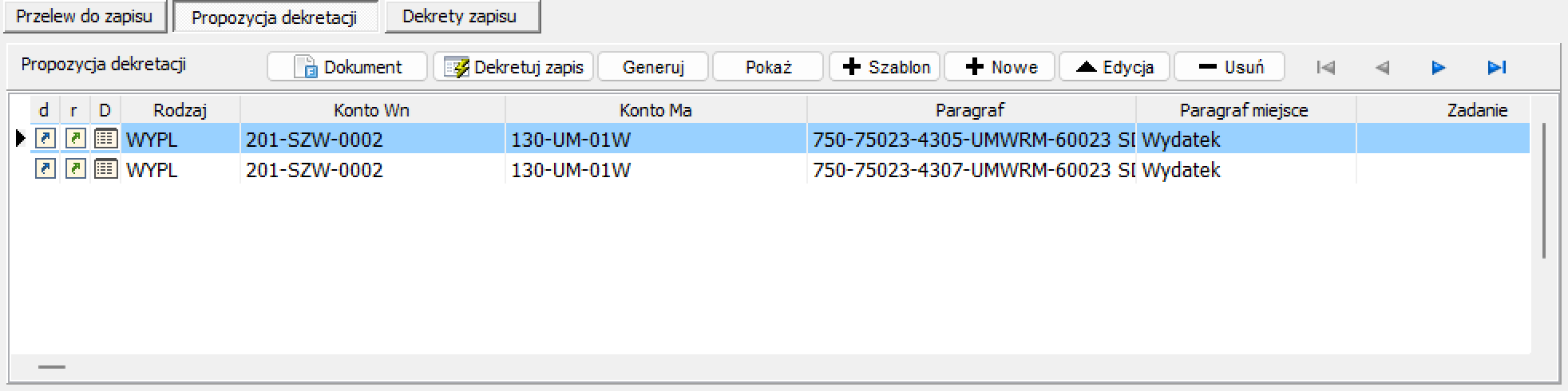 Lista Propozycja dekretacji z przykładową pozycją typu WYPL