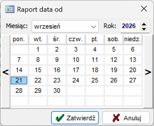 Okno Raport data od z kalendarzem, polami Miesiąc i Rok