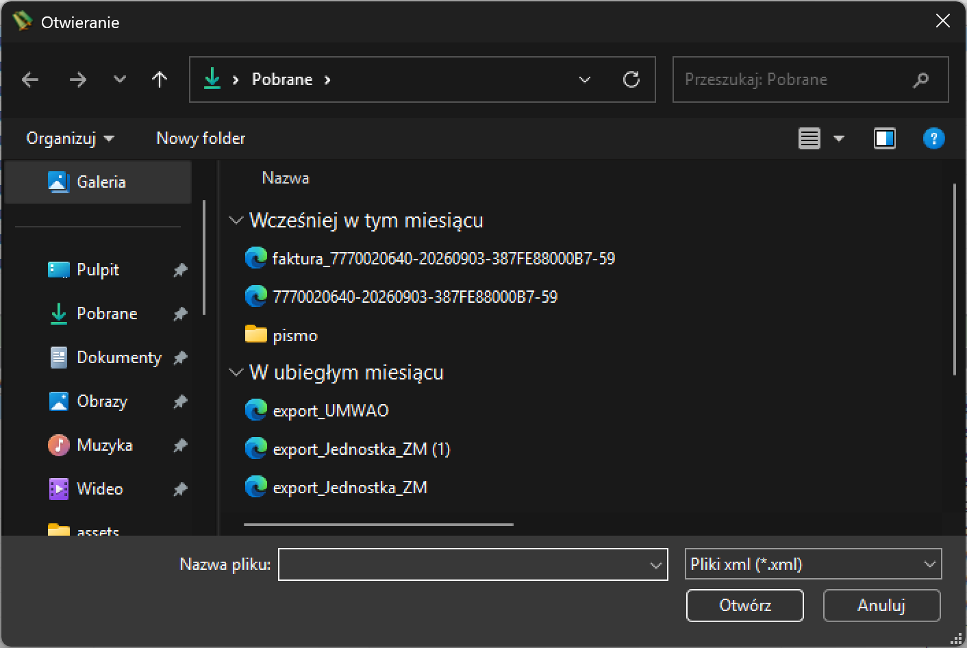 Systemowe okno Otwieranie z filtrem plików xml
