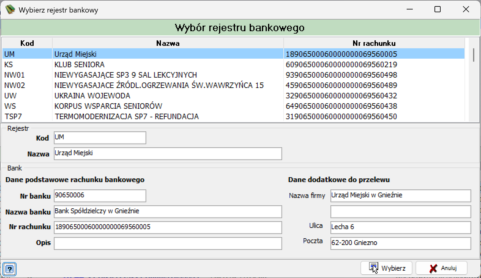 Okno Wybierz rejestr bankowy z listą rejestrów i danymi rachunku bankowego