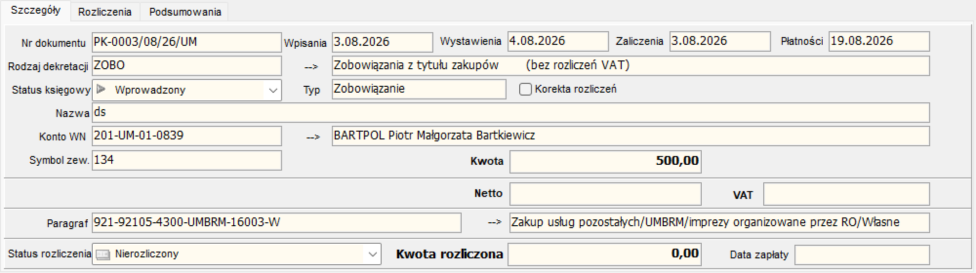 Zakładka Szczegóły pozycji zobowiązania
