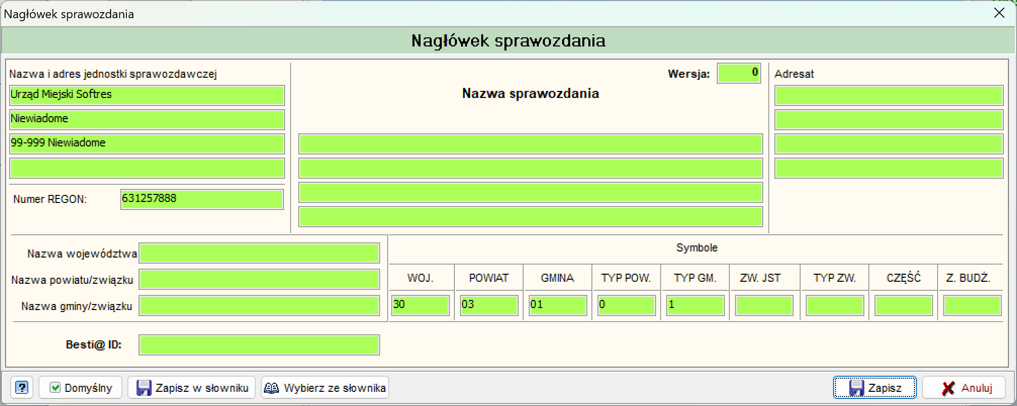 Okno Nagłówek sprawozdania