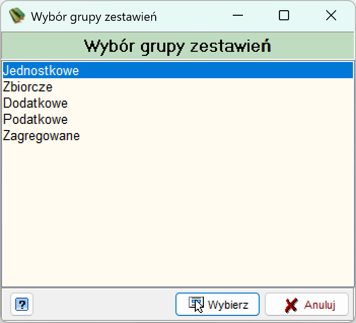 Okno Wybór grupy zestawień