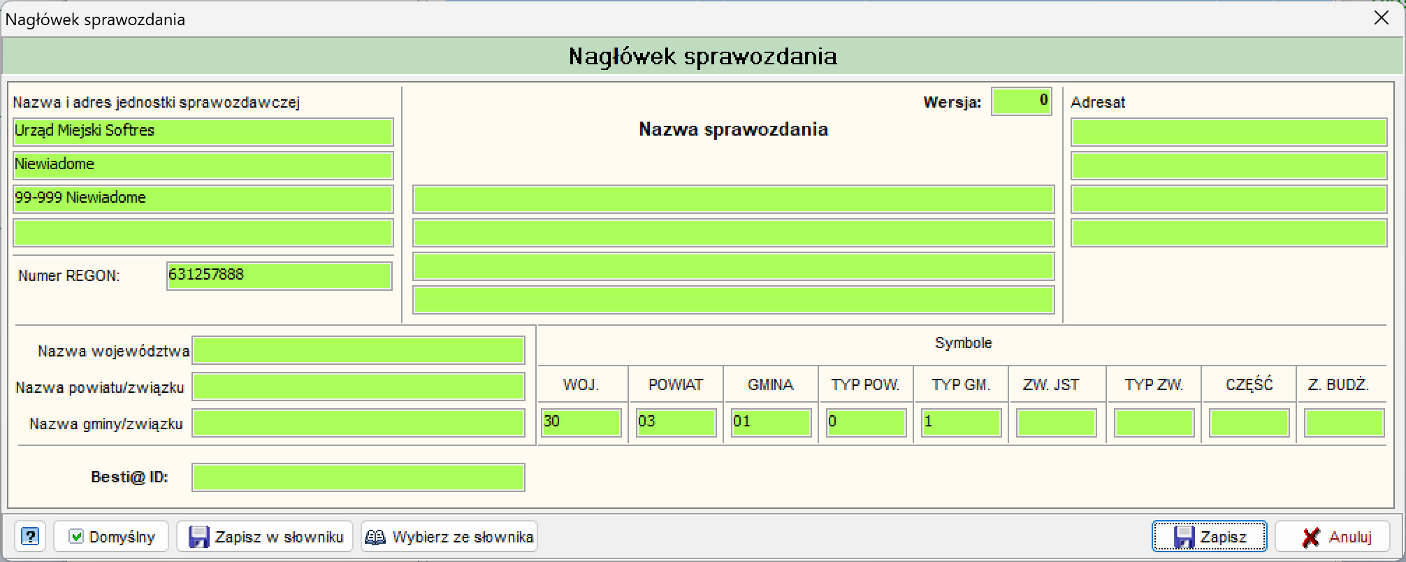 Okno Nagłówek sprawozdania
